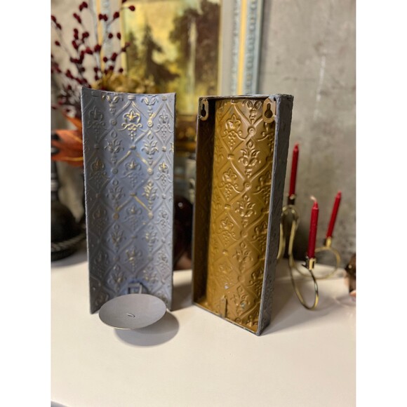 Pressed Metal Fleur de Lis Sconces Candlestick Holders Set of Two - Picture 3 of 5